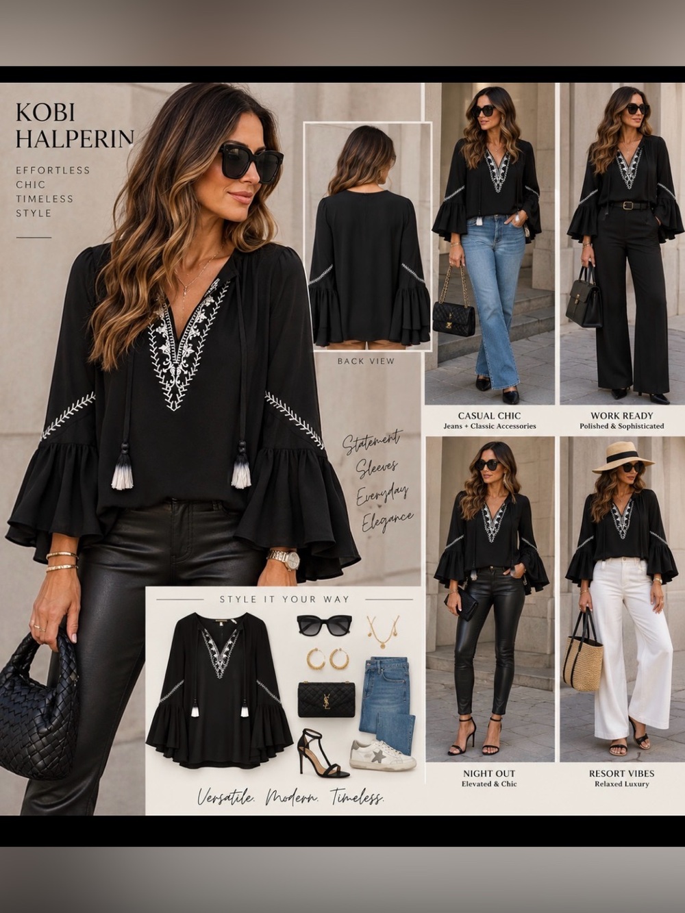 Kobi Halperin Black Embroidered V-Neck Bell-Sleeve Tunic